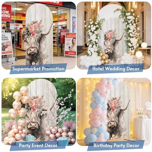 Highland Cows Arch Backdrop Cover 7.2 FT, Abstract Animal Pink Flower Brown Wood Grain Wedding Arch Cover Stretchy Backdrop Stands Covers for Birthday Party Ceremony Banquet Decor - Image 6