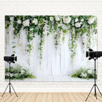 15x10ft White Flower Backdrop Green Leaves Wedding Bridal Shower Photography Background Floral Rustic Wood Wall Birthday Party Banner Decorations Reception Ceremony Portrait Photo Booth Prop - Image 4