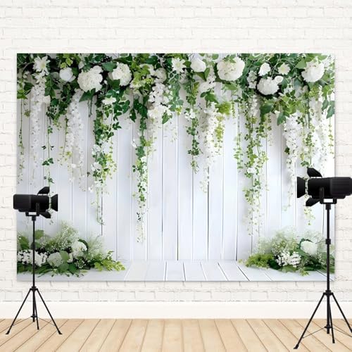 20x10ft White Flower Backdrop Green Leaves Wedding Bridal Shower Photography Background Floral Rustic Wood Wall Birthday Party Banner Decorations Reception Ceremony Portrait Photo Booth Prop - Image 4