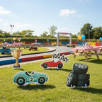 Honoson 4 Pcs Large 30" Racing Car Cardboard Cutouts Standup, Race Car Birthday Party Decorations Check Flag Trophy Tire Photo Booth Props for Photography Backdrop Baby Shower Party Supplies Yard Sign - Image 5