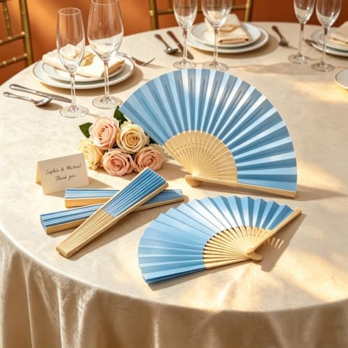 Paper Hand Fans, 8.3 Inch Foldable Handheld Fans for Wedding Favors, Party Decorations, Bridal Shower, Baby Shower, Summer Cooling, Decoration Fan(Blue-50) - Image 4