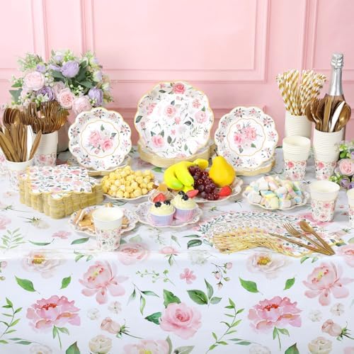 LemonRoad 452 Pcs Pink Floral Party Supplies for 50, Pink Floral Paper Plates Napkins Cups Tablecloth Cutlery Straws Disposable Tableware for Bridal Shower Baby Shower Birthday Tea Party Decorations - Image 5