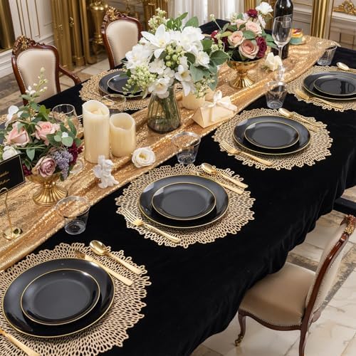 WDF 150PCS Black Plastic Plates - Black and Gold Plates Disposable - 25 Guest Disposable Dinnerware Sets for Party/Wedding/Halloween - Image 2