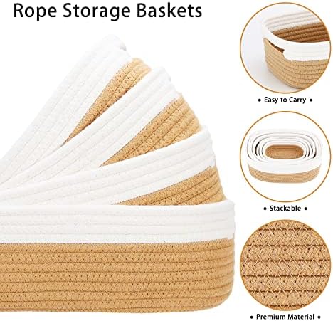 7 Piece Cotton Rope Woven Basket Set - Small Basket for Baby Nursery, Pets, Montessori, Dog & Cat Toy Boxes, Bathroom Organization Bins (White/Jute) - Image 4