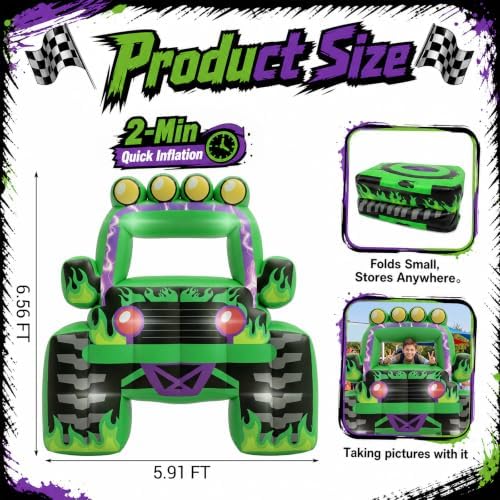 Junkin 6 x 5 FT Monster Truck Inflatable Photo Booth Frame with LED Lights, Giant Racing Truck Photo Prop, Birthday Party Decorations, Baby Shower Decor, Racing Theme Party Supplies (Lightning,Green) - Image 2