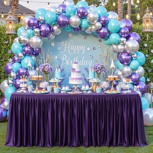 1 Pack Purple Rectangle Table Clothes for 8 Foot Tables, Polyester Wrinkle Free Fitted Tablecloths 8ft Stretch Table Cover with Skirt for Wedding, Birthday, Parties, Trade Show, Craft Show - Image 4