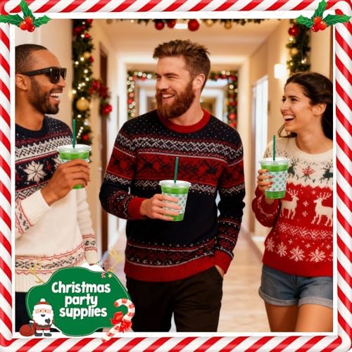 50 Pack Christmas Plastic Cups with Lids and Straws 12oz Lime Green and Red - Image 5