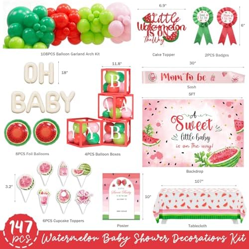 Costova Watermelon Baby Shower Decorations, Watermelon Party Decorations, A Little Watermelon Is on the Way Summer Fruit Theme Bash with Backdrop Balloon Arch Boxes and Tablecloth - Image 2