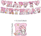 Meledy Birthday Party Supplies, Kawaii Cartoon Party Tableware with Happy Birthday Banner, Tablecloth, Disposable Paper Plates with Napkins for Fans Kids Party Decorations Serves 20 Guests - Image 2