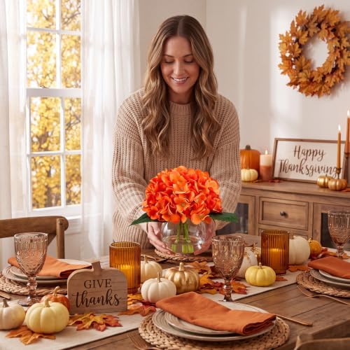Zeyune 2 Pack Fall Orange Hydrangea Artificial Flowers with Vase Faux Water Autumn Silk Fake Flowers Realistic Faux Flower for Thanksgiving Wedding Party Home Table Centerpiece Decoration - Image 4