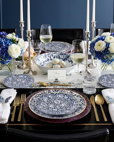 Hioasis Blue Plastic Plates, Blue Floral & Gold Rim, 60 Pcs for 30 Guests - Image 2