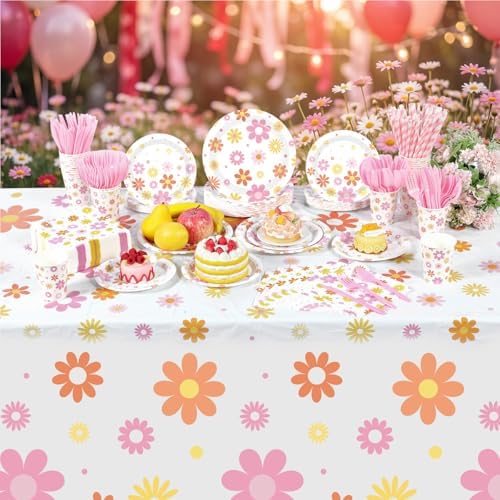 Funnymoom 452 Pcs Groovy Daisy Party Decorations for 50 Guest, Boho Daisy Paper Plates Cups Napkins Tablecloth Cutlery Straws Hippie Tableware Set for Retro Hippie Birthday Baby Shower Party Supplies - Image 4