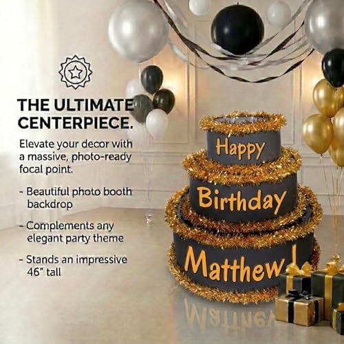 Anderson's Black & Gold Personalized Pop-Out Birthday Cake, Life-Size Faux Cake with Fun Font, Custom Name, Surprise Reveal Prop for Milestone Parties, Photo Ops, Store or Business Events - Image 4