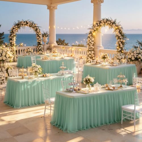 familus Sage Green Table Cloths 8 Foot Rectangle 2 Pack Stretch Ruffle Tulle Tablecloth Spandex Fitted Table Cover for 8 Foot Tulle Table Skirts for Party Wedding Table Cloths, Banquets - Image 2