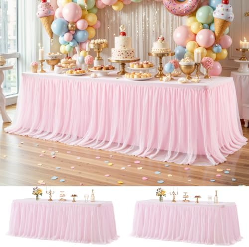 Wish Care 2 Pack Pink Tulle Table Cloth for Rectangle Tables 8FT Ruffle Tutu Stretch Fitted Tablecloths Wrinkle Free Tulle Tutu Skirt Table Cover for Party Wedding Girls Birthday Baby Bridal Shower by WishCare