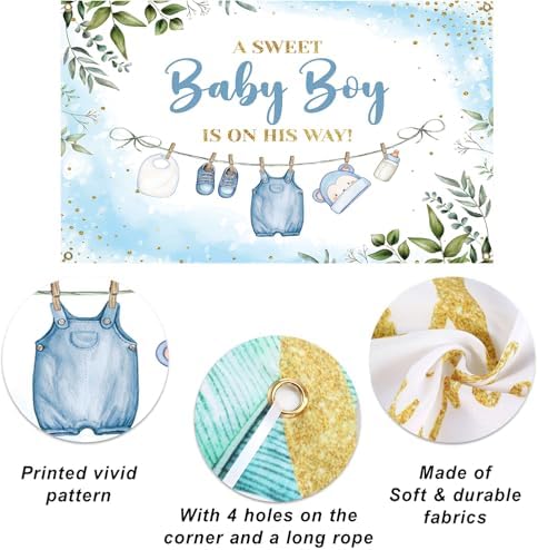 10x8ft Baby Shower Backdrop for Boy, A Sweet Baby Boy is On His Way Banner, Blue Greenery Baby Shower Decorations for Gender Reveal Party, Newborn Photo Background Photography Decor - Image 5