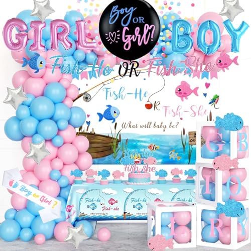 Fishing Gender Reveal Decorations, Baby Boy or Girl Gender Reveal Party Decor, Fish She or Fish He Backdrop Balloon Banner Tablecloth Box Sash for Gone Fishing Baby Shower Supplies by Fiesec