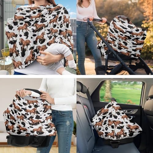 Horse Cow Print Car Seat Cover for Babies Fits Most Strollers & Baby Car Seats Soft and Stretchy Safely Breastfeeding Pillow Cover Baby Essentials - Image 2