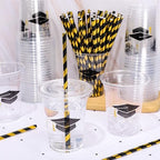 Whaline 50Pcs 12Oz Graduation Disposable Plastic Cups with Lids and Straws Black Graduation Cap Cold Beverage Drinking Cups for Congrats Grad Party Supplies - Image 4