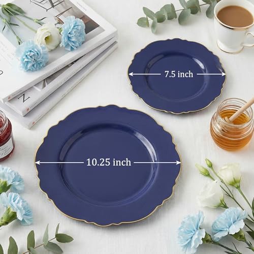 WDF 100pcs Blue Plastic Plates - Baroque Blue&Gold Disposable Plates for Parties/Wedding-50Plastic Dinner Plates 10.25in, 50Salad Plates 7.5in for Party/Birthday/Wedding/Independence Day/Father's Day - Image 3