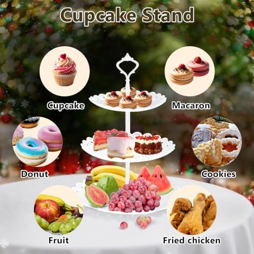 Lazycorner 10 Pcs Dessert Table Display Stands Set , with 6 Pcs 3-Tier Cupcake Stand & 4 Pcs Food Serving Tray - Cookie Tray Rack Serving Tray Cake Display Tower - White - Image 5