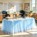 9FT Long Blue Tulle Table Skirt for Rectangle Round Tables 3-Layer Ruffle Desk Teacher Skirt for Back to School Supplies Princess Girls Birthday Party Cake Dessert Classroom Dorm Decor - Image 2