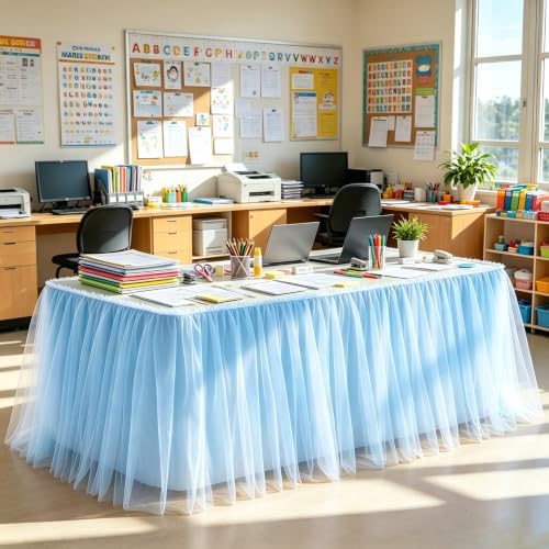 9FT Long Blue Tulle Table Skirt for Rectangle Round Tables 3-Layer Ruffle Desk Teacher Skirt for Back to School Supplies Princess Girls Birthday Party Cake Dessert Classroom Dorm Decor - Image 2
