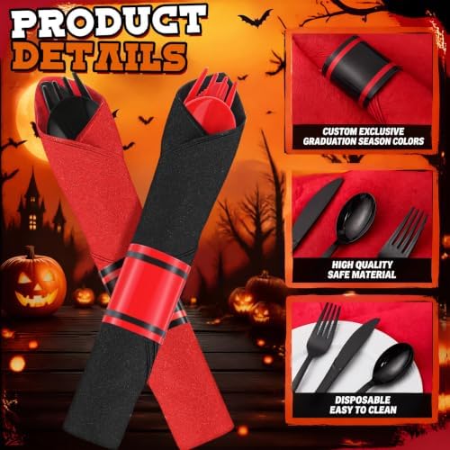 Lasnten 50 Sets Halloween Pre Rolled Silverware, Black Red Disposable - Image 3