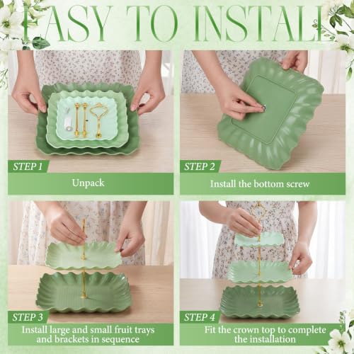 FoldTier 6 Pack Cupcake Stand Set 3 Pcs 3 Tier Gradient Dessert Table Display Stands Cookie Tray Rack 3 X14 in Rectangle Party Trays for Wedding Birthday Tea Party Baby Shower(Green,Rectangle) - Image 4