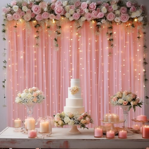 10x10ft Dusty Rose Tulle Backdrop Curtain with Lights String for Parites, Sheer Photo Backdrop Drapes for Wedding Baby Shower Bridal Shower Birthday Party Photo Shoot Background Decorations - Image 7