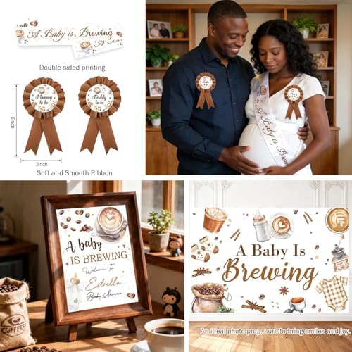 Costova Coffee Baby Shower Party Decorations – 120 Pcs A Baby Is Brewing Party Supplies with Balloon Garland, Banner, Backdrop, Tablecloth, Cake & Cupcake Toppers, Boxes, Badges, Sash, Poster - Image 5