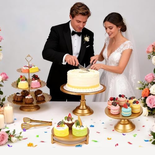 11 Pcs Gold Dessert Table Display Set, Metal Cake Stands and Tiered Serving Tray with Cake Servers and Tongs for Wedding Anniversary and Party Decor - Image 5