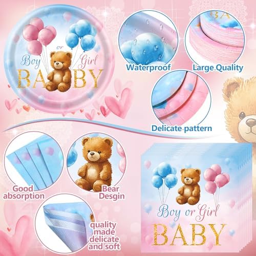 400 Pcs Bear Gender Reveal Party Supplies for 50 Guest, Blue Pink Baby - Image 3
