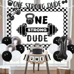 Gym First Birthday Decorations Glitter One Strong Dude Banner Black Gingham Backdrop Highchair Banner Weight Lifting Cake Cupcake Toppers Balloons for Baby Boys Weightlifting Sports 1st Bday Supplies - Image 3