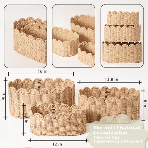 Scalloped Basket Set of 3, Wicker Storage Baskets - Hand-Woven Paper Rope Nursery Organizer for Diaper Caddy, Baby Toys & Shelves, Natural (16x10x7 Inch) - Image 5