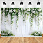 12x10ft White Flower Backdrop Green Leaves Wedding Bridal Shower Photography Background Floral Rustic Wood Wall Birthday Party Banner Decorations Reception Ceremony Portrait Photo Booth Prop - Image 2