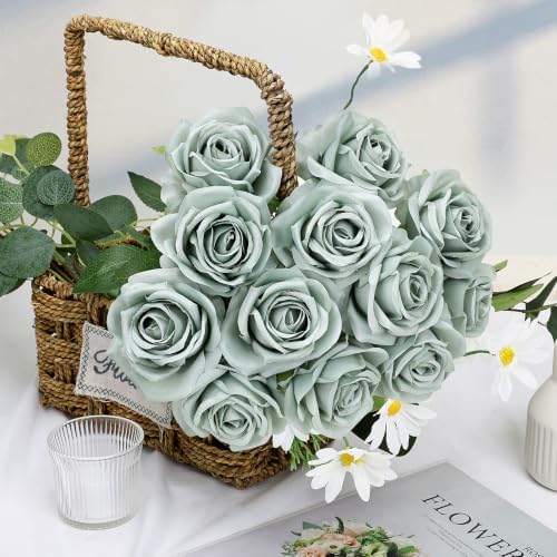 48 PCS Dusty Green Roses Artificial Flowers, Silk - Image 5