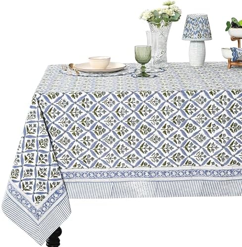 Ridhi Light Steel Blue Hand Block Print Cotton Tablecloth 108 x 60 Inch by Ridhi