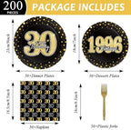 200PCS 30th Theme Birthday Party Tableware Vintage 1996 Party Supplies 30 Year Old Birthday Decorations Plates Napkins Forks Black and Gold Dinnerware Favors for Men or Women - Image 2