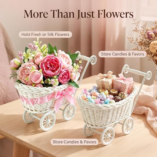 4-Pack White Rattan Baby Carriage Floral Arrangements with Pink Artificial Bouquets – Baby Shower Table Centerpieces, Gender Reveal Party Favors, Mini Stroller Decorations for Guests, Wedding Décor - Image 4