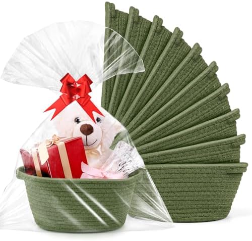 10PACK Baskets for Gifts Empty, 12"x 8"x 5" Woven Gift Baskets with Gift Bags and Bows, Empty Gift Baskets for Christmas, Baby Gift Basket for Nursery, Shelf Small Storage Basket with Handles, Green by AFOROEOA