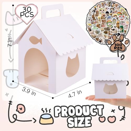 ARELUX 30 Pcs Cat House Shaped Party Favor Boxes, Foldable Pet Adoption Treat Gift Boxes with DIY Stickers - Blank Goodie Bags for Kitten Birthday, Cat Themed Events - Image 2