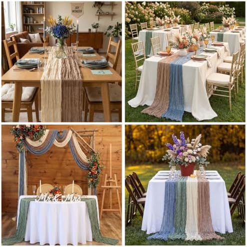 8 Pcs Sage Green Dusty Blue Brown Cheesecloth Table Runner 118" - Image 5