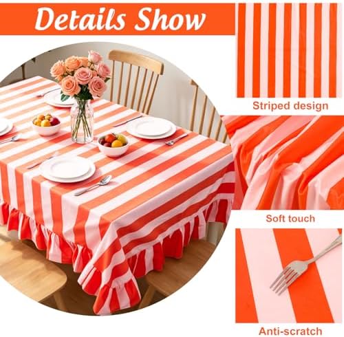 JarThenaAMCS Ruffle Tablecloth Orange Pink Striped Table Cloth Rectangle Decorative Table Cover with Ruffled Edge for Home Kitchen Dining Party Decor, 60 x 120 Inch - Image 3