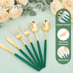Supernal 102Pcs Gold Green Disposable Plastic Cutlery Set For Party Events - Image 6