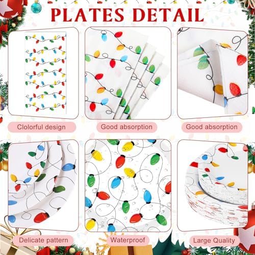 Funnymoom 400 Pcs Christmas Party Supplies, Christmas Lights Paper Plates and Napkins Cups Set with Spoons Forks Knives, Xmas Light Tableware Set for Holiday Xmas Party Decorations - Image 3