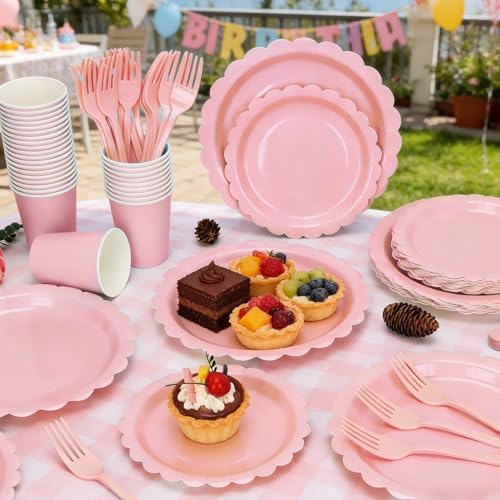 200Pcs Light Pink Party Plates and Napkins, 9’’and 7’’ Disposable Scalloped Pink Paper Plates Cups Napkins Forks Set Party Supplies for Birthday, Baby Shower Bridal Shower Party Decorations, Serves 40 - Image 4