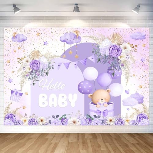 10X8ft Purple Baby Shower Backdrop Cute Purple Boho Floral Baby Shower Backdrop, Girl's Birthday Party Background Decor Cartoon Birthday Party Background Photo Booth Props - Image 3