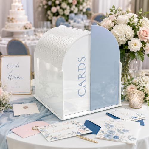 White Arched Wedding Card Box with Blue Standee & Erasable Pen for Party - Image 2