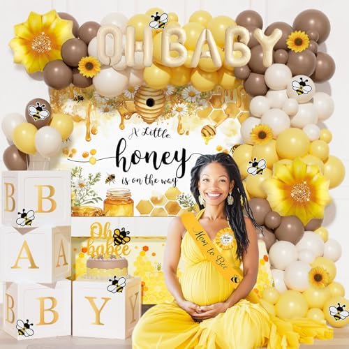 Bee Baby Shower Decorations for Boy or Girl – 111PCS Honey Bee Theme Party Supplies with Backdrop, Balloon Garland, Tablecloth, Boxes, Sash and Badges - Image 6